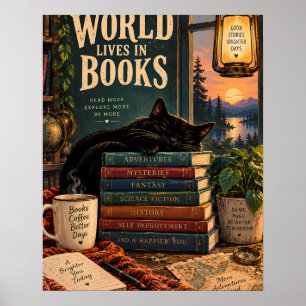 Affiche Illustration de coin de livre cosy avec chat endor