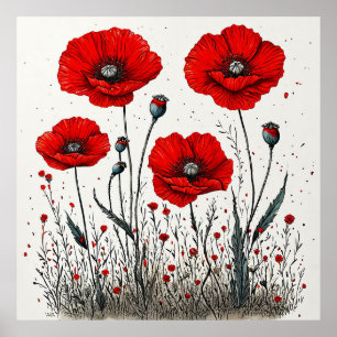 Affiche Illustration de coquelicots rouges vibrants