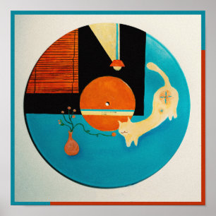 Affiche Illustration de disque rétro de chat qui s'étire