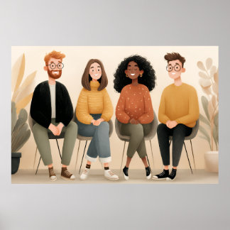 Affiche Illustration de divers amis assis ensemble dans un