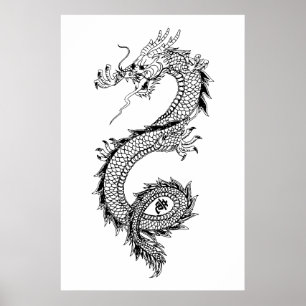 Affiche Illustration de dragon avec 竜 Kanji Dragon