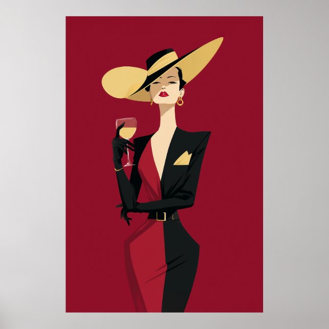 Affiche Illustration de femme élégante et de vin (Devant)