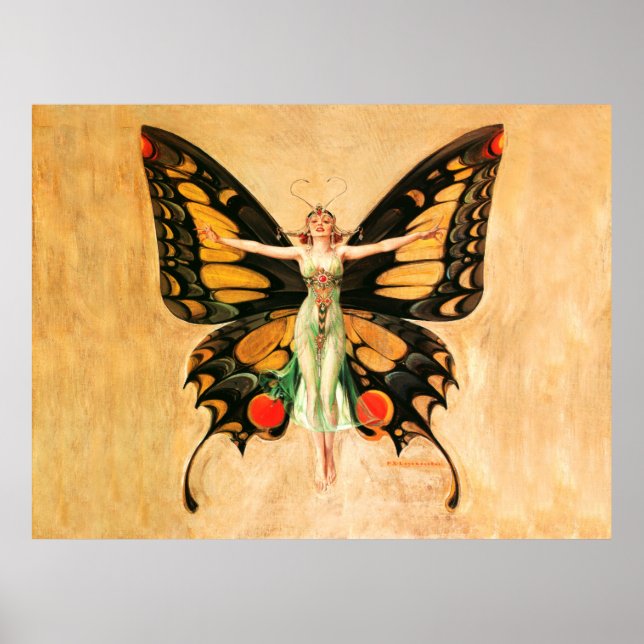 Affiche Illustration de femme volant papillon Flapper (Devant)