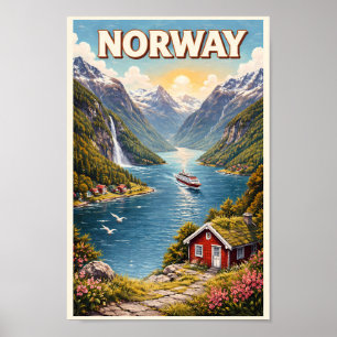 Affiche Illustration de fjord norvégien Art de voyage vint