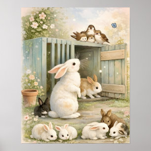 Affiche Illustration de jardin vintage aux lapins Cottag