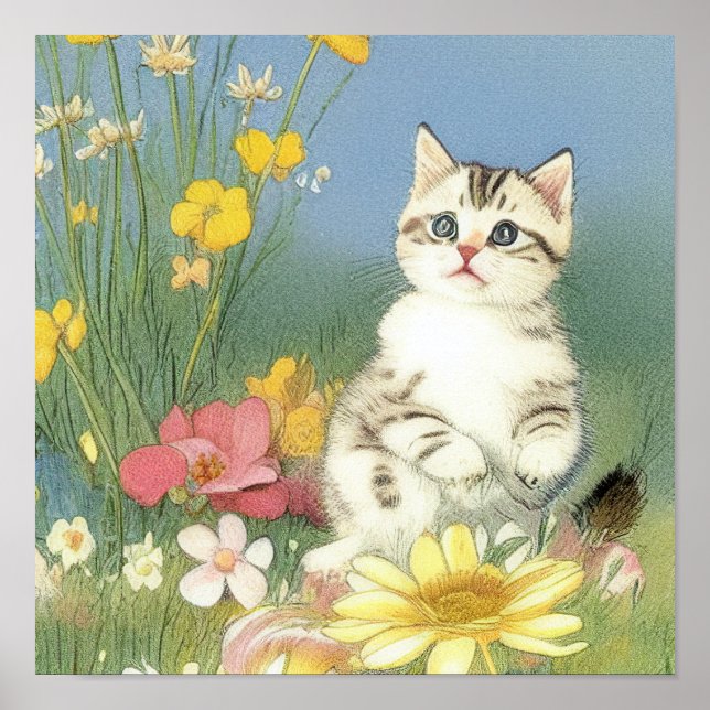 Affiche Illustration de Kitten vintage avec Fleurs Jaunes (Devant)