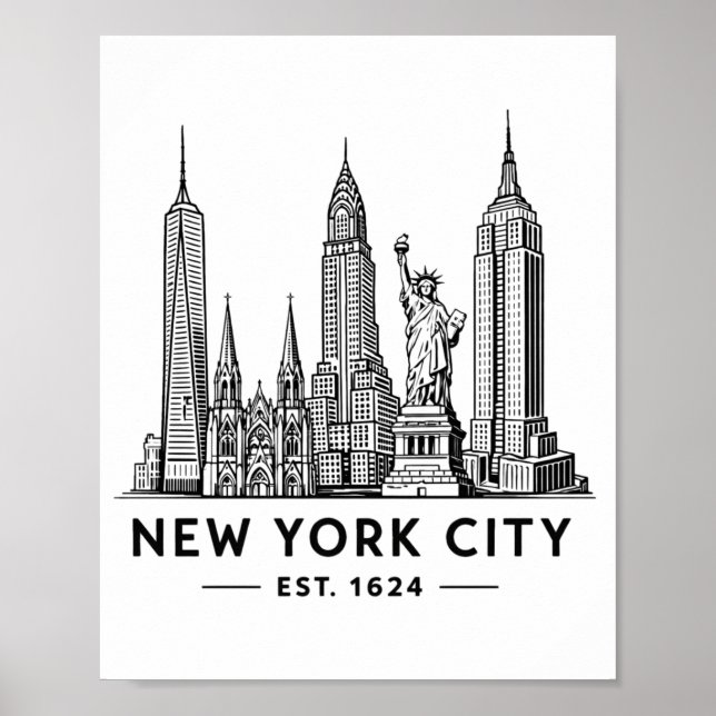Affiche Illustration de la skyline de NYC avec la Statue d (Devant)