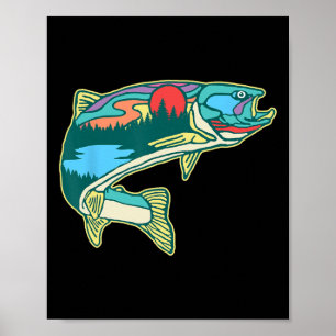 Affiche Illustration de la truite de la nature Retr de pêc