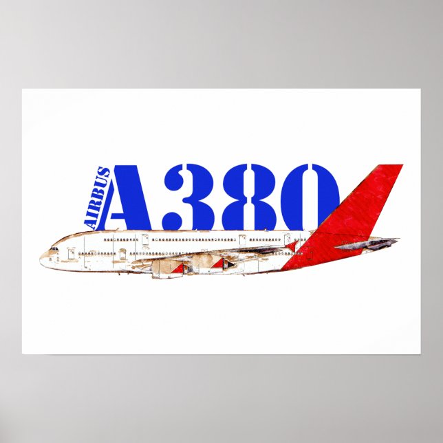 Affiche Illustration de l'Airbus A380 avec une queue rouge (Devant)