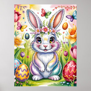 Affiche Illustration de lapin de Pâques coloré avec couron