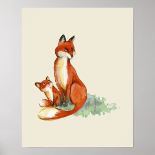 Affiche Illustration de l'aquarelle Momma Fox et Baby