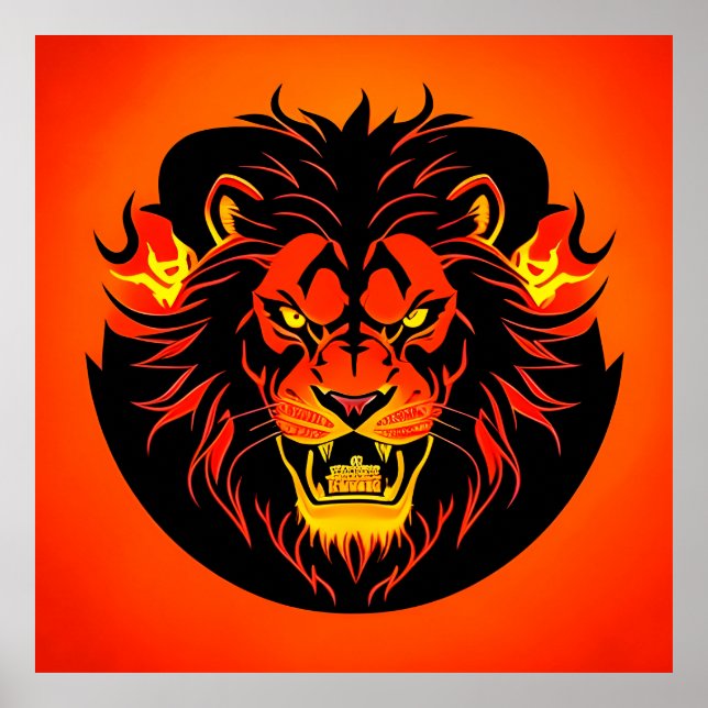Affiche Illustration de Lion Fougueux Entouré de Flamboyan (Devant)