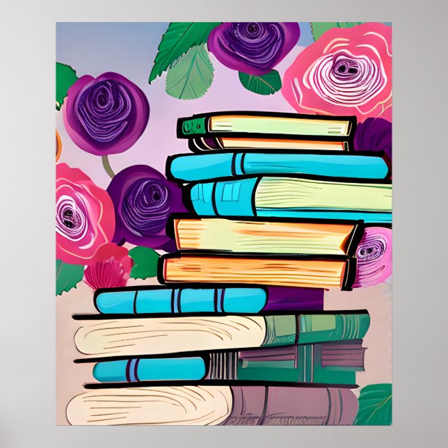 Affiche Illustration de livres et de fleurs Art numérique (Devant)