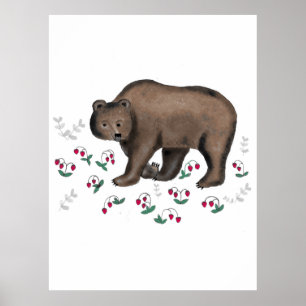 Affiche Illustration De L'Ours Brown Et Des Fraises Forest