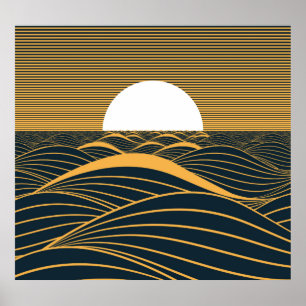 Affiche Illustration de lune de soleil stylisée, mer sombr