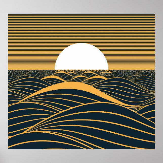 Affiche Illustration de lune de soleil stylisée, mer sombr (Devant)