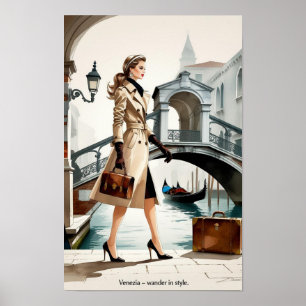 Affiche Illustration de mode d'une femme traversant Venise