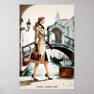 Affiche Illustration de mode d'une femme traversant Venise