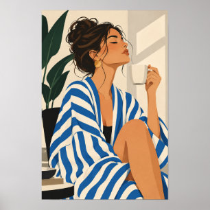 Affiche Illustration de mode femme robe rayée bleue