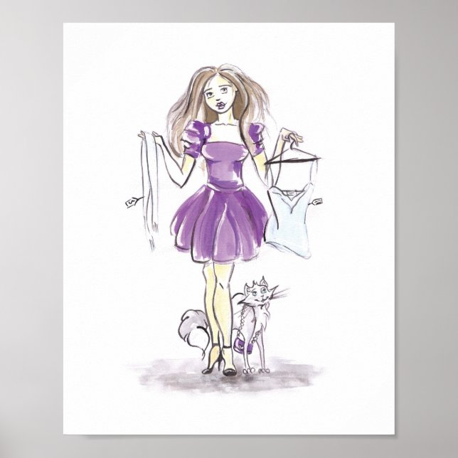 Affiche Illustration de mode Shopping Fille Chat Aquarelle (Devant)