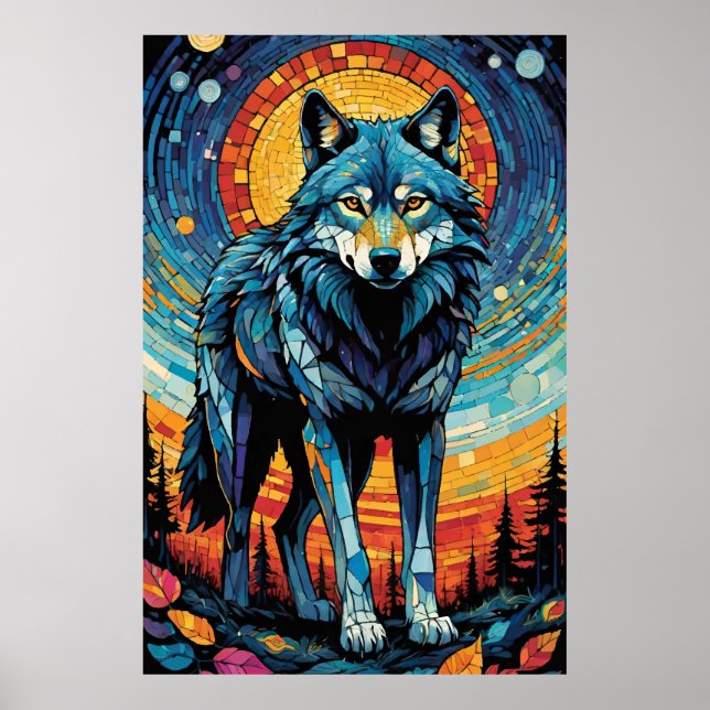 Affiche Illustration de mosaïque colorée du loup majestueu (Devant)
