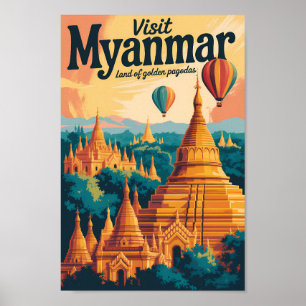 Affiche Illustration de pagodes du Myanmar Art de voyage v