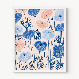 Affiche Illustration de pavots roses et bleus
