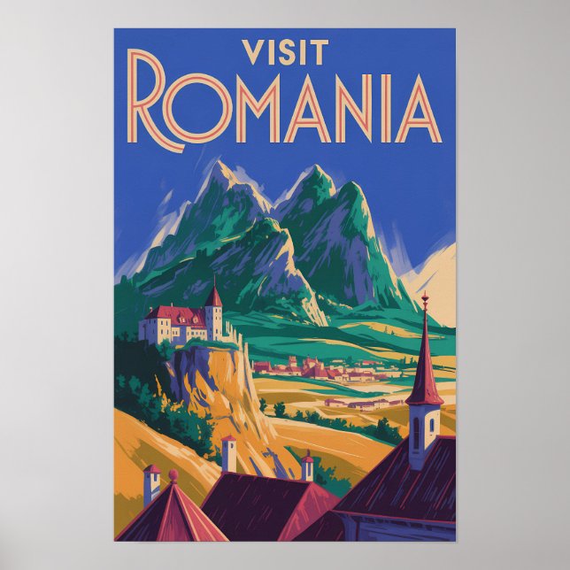 Affiche Illustration de paysage de Roumanie Art de voyage  (Devant)