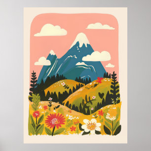 Affiche Illustration de paysage montagneux floral bohème