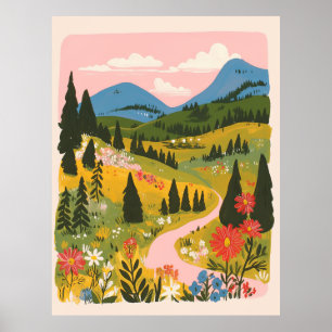 Affiche Illustration de paysage montagneux floral bohème