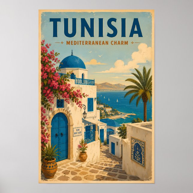 Affiche Illustration de paysage tunisien Art de voyage vin (Devant)