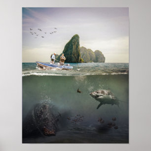 Affiche Illustration de pêcheurs, de requin et de naufrage