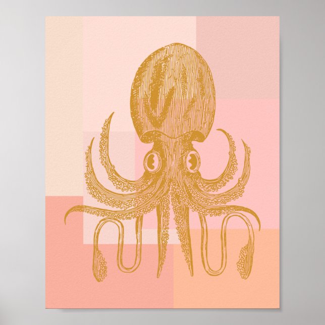Affiche Illustration de pieuvre mignonne en rose et or vin (Devant)