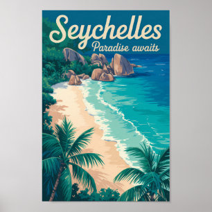 Affiche Illustration de plage vintage aux Seychelles Art d