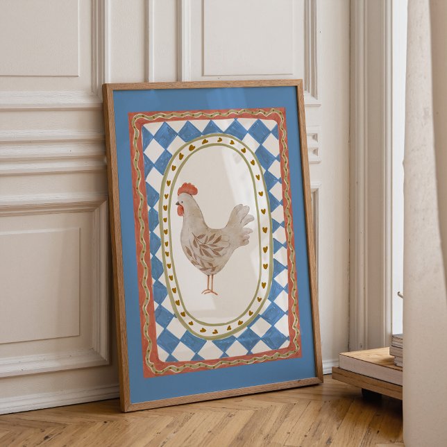 Affiche Illustration de poulet rustique (Farmhouse chicken wall art for nursery with colorful vintage hen illustration)