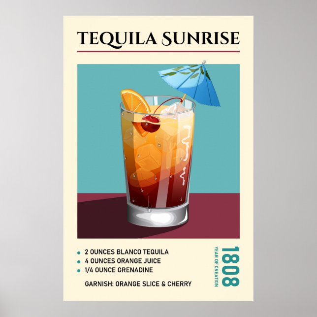 Affiche Illustration de recette de cocktail Tequila Sunris (Devant)