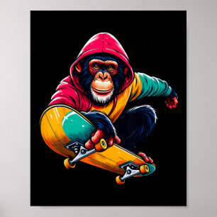 Affiche Illustration de singe bonobo funky cool en skatebo