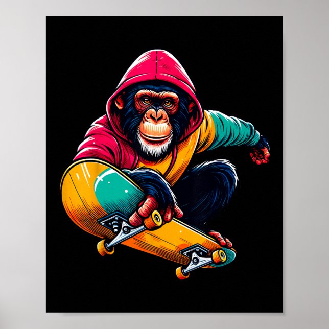 Affiche Illustration de singe bonobo funky cool en skatebo (Devant)