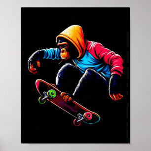 Affiche Illustration de singe bonobo funky cool en skatebo