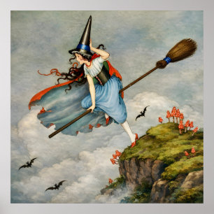 Affiche Illustration de sorcière vintage en vol Cottagec