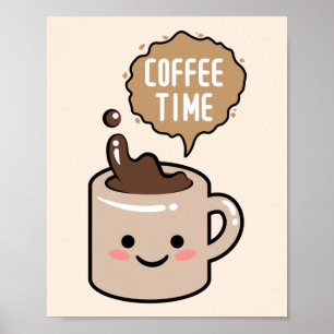 Affiche illustration de tasse de café kawaii à l'heure du 