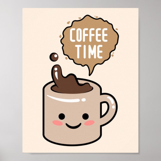 Affiche illustration de tasse de café kawaii à l'heure du  (Devant)