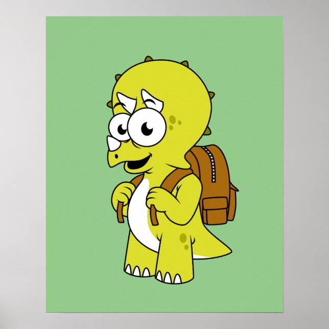 Affiche Illustration De Tricératops Avec Sac À Dos. (Devant)