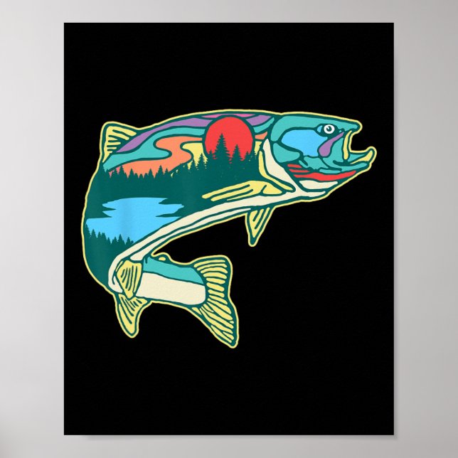 Affiche Illustration de truite de nature pêche à la mouche (Devant)