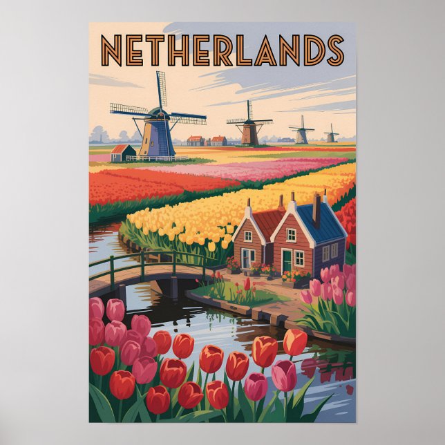 Affiche Illustration de tulipes des Pays-Bas Art de voyage (Devant)