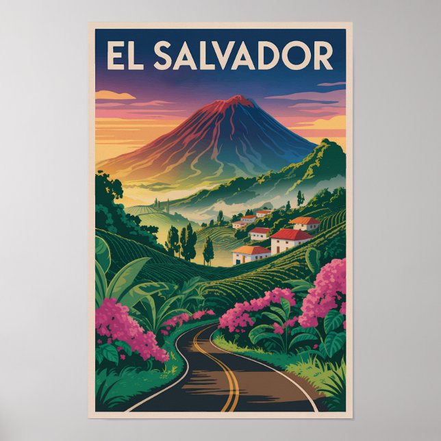Affiche Illustration de volcan d'El Salvador Art de voyage (Devant)