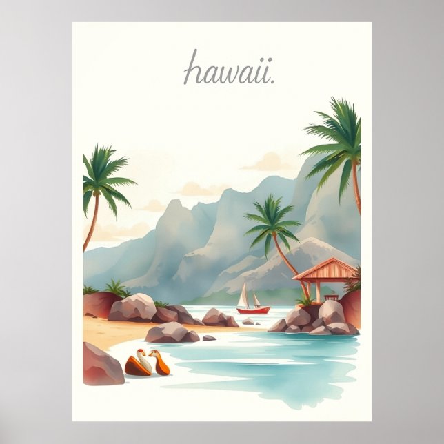 Affiche Illustration de voyage à l'aquarelle d'Hawaï vinta (Devant)