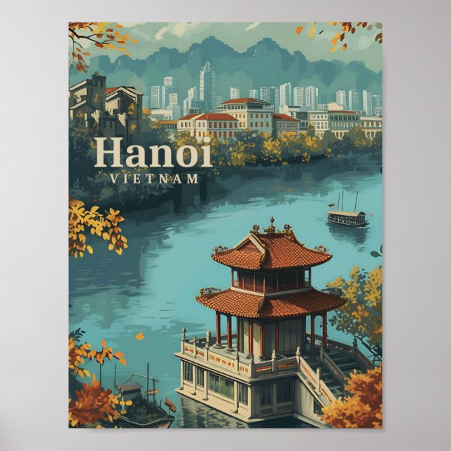 Affiche Illustration de voyage d'Art Vintage Hanoï Vietnam (Devant)