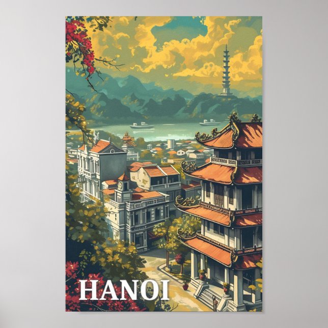 Affiche Illustration de voyage d'Art Vintage Hanoï Vietnam (Devant)