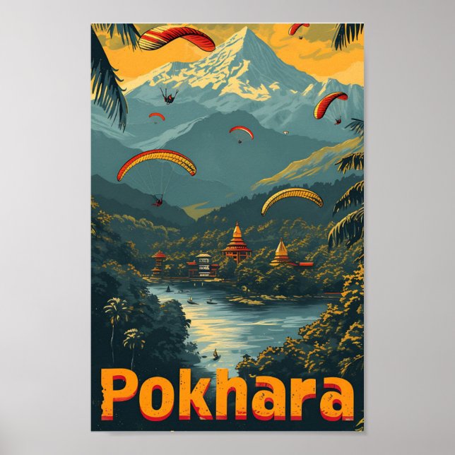 Affiche Illustration de voyage d'art Vintage Pokhara Nepal (Devant)